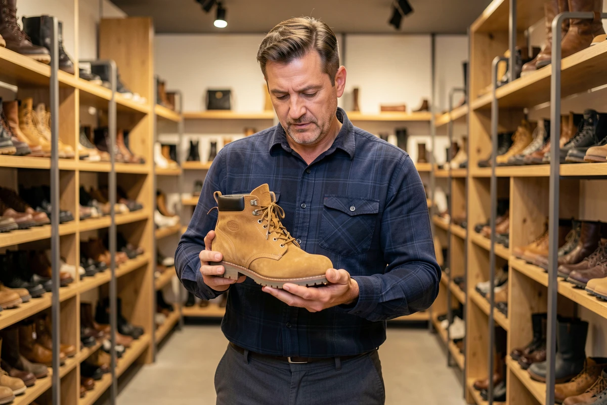 Homme examinant la semelle intérieure d'une rangers en daim beige dans un magasin de chaussures spécialisé