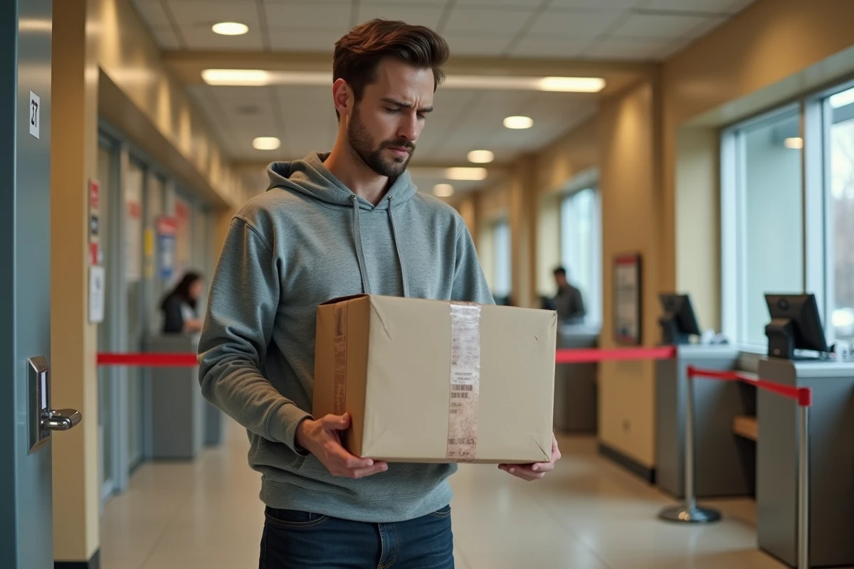 Homme tenant un colis de retour Vinted non récupéré dans un bureau de poste