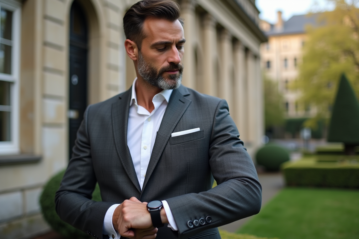Homme en costume ajustant sa montre devant un bâtiment ancien