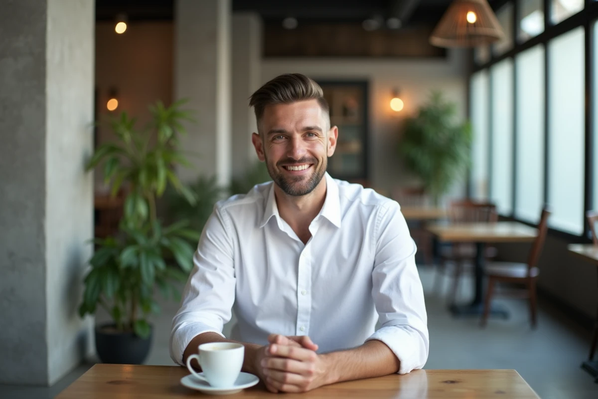 Homme élégant avec une coupe couronne soignée attablé dans un café minimaliste moderne, tenant une tasse de café