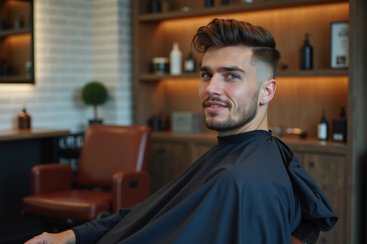 Homme aux cheveux courts avec une coupe couronne dans un salon de coiffure moderne, regardant son reflet dans le miroir avec confiance
