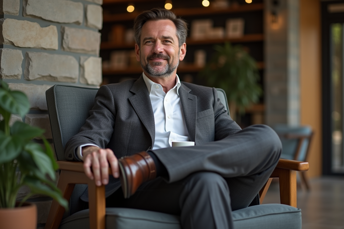 Homme en costume gris dans un lounge cosy