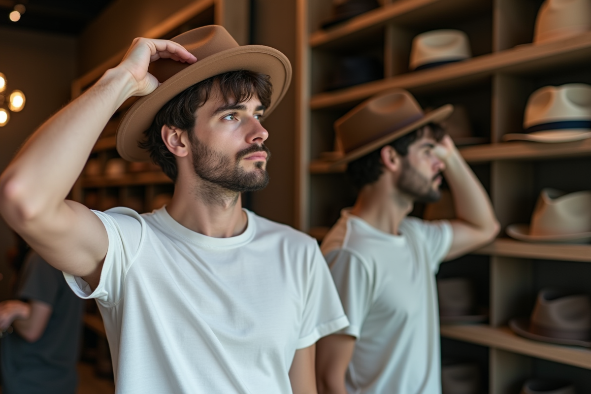 Jeune homme essayant un chapeau dans une boutique