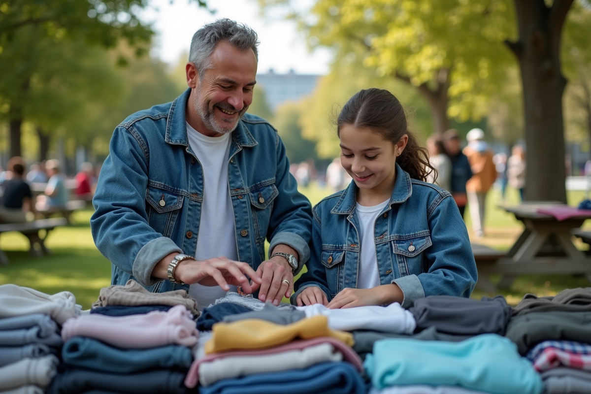 Père et fille triant des vêtements lors d