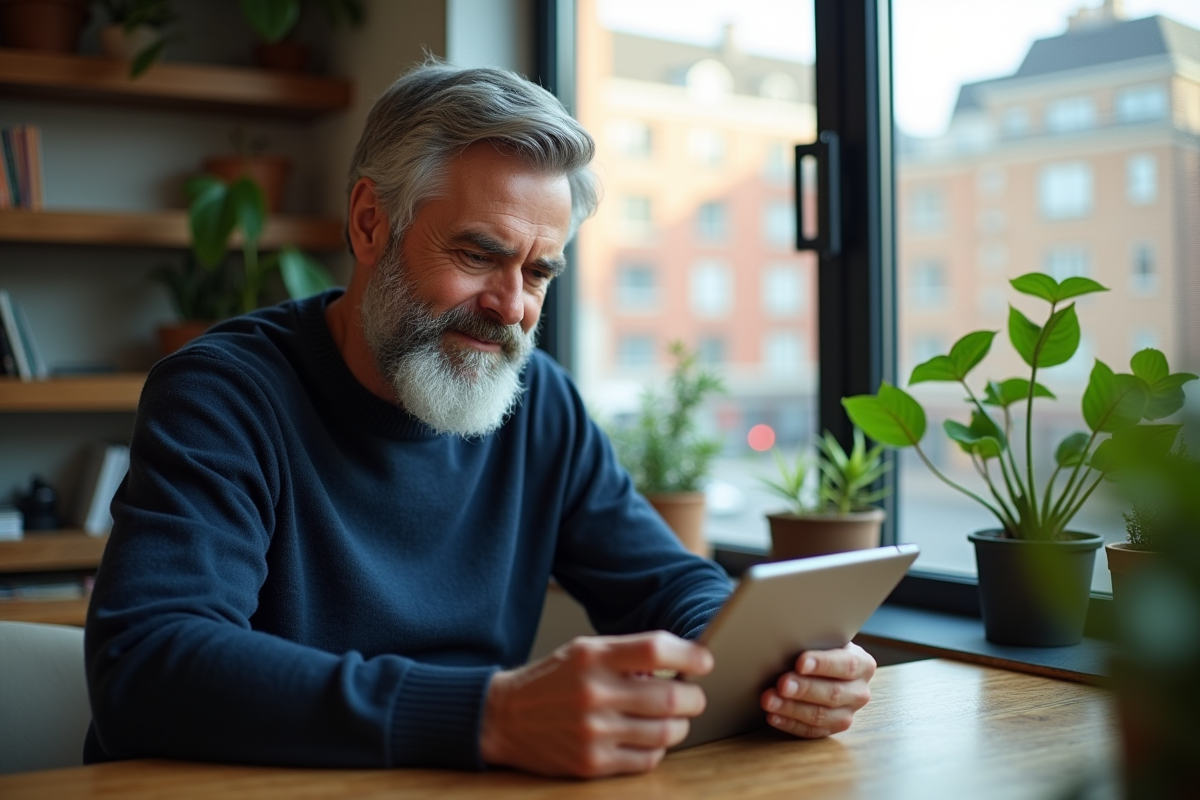 Homme lisant sur tablette dans un bureau lumineux