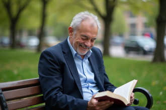 Homme d'une soixantaine d'années lisant dans un parc urbain