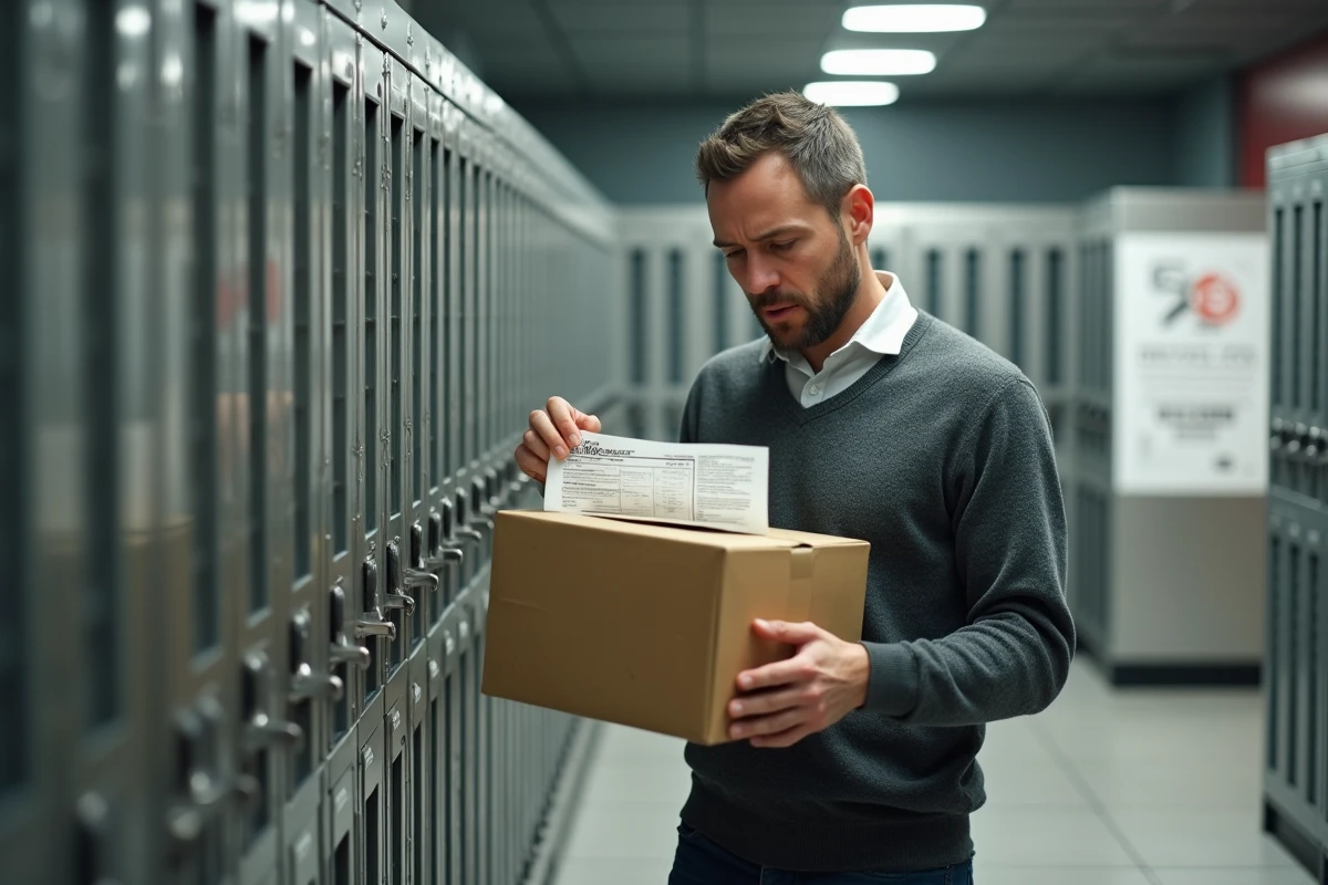 Homme vérifiant un colis dans un local à courrier