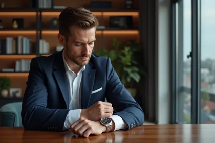 Homme &eacute;l&eacute;gant v&eacute;rifiant sa montre de luxe dans un bureau moderne