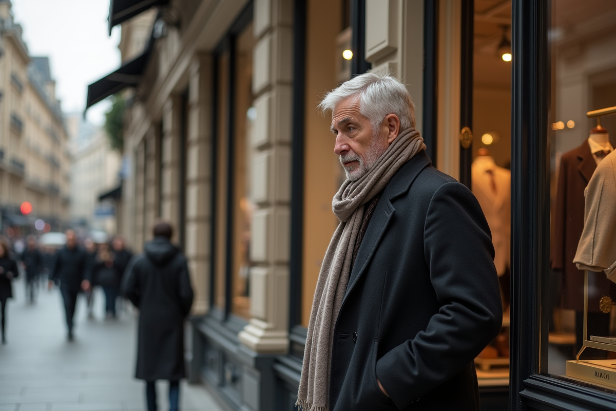Homme en manteau chic regardant une vitrine de luxe en ville