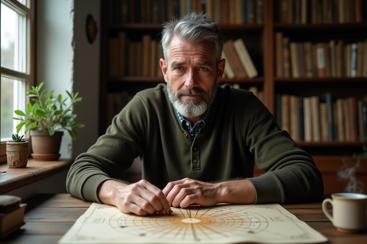 Homme plaçant une pierre œil de tigre sur une carte astrologique lors d'un rituel avec cristaux et signes du zodiaque