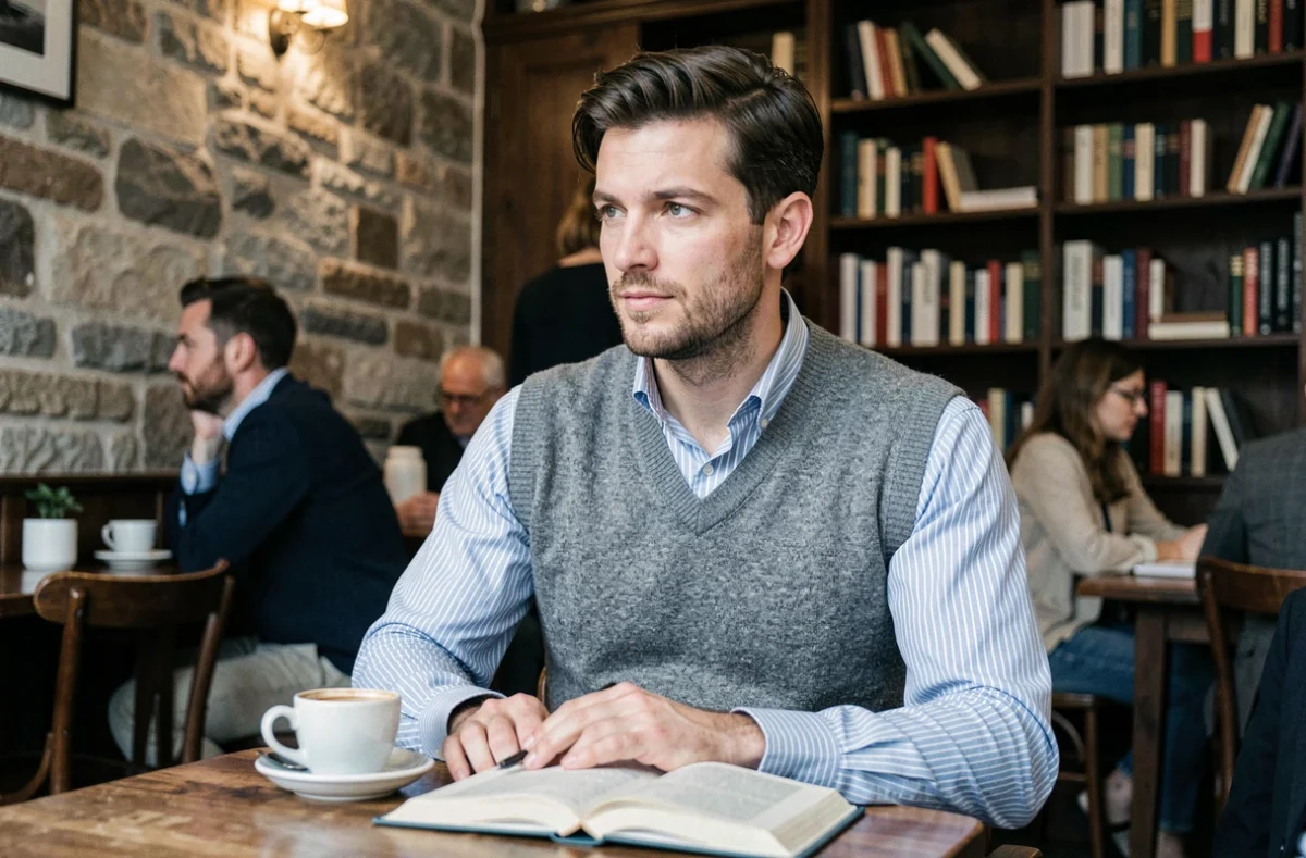 Homme portant un pull sans manche gris sur chemise rayée dans un café parisien au style preppy