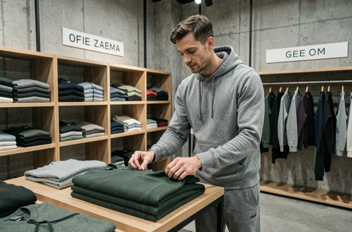Homme inspectant la qualité d'un vêtement en polaire dans une boutique de vêtements confortables pendant les soldes