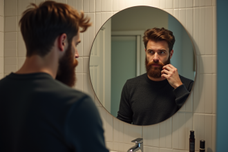 Homme en portrait avec barbe dans une salle de bain moderne