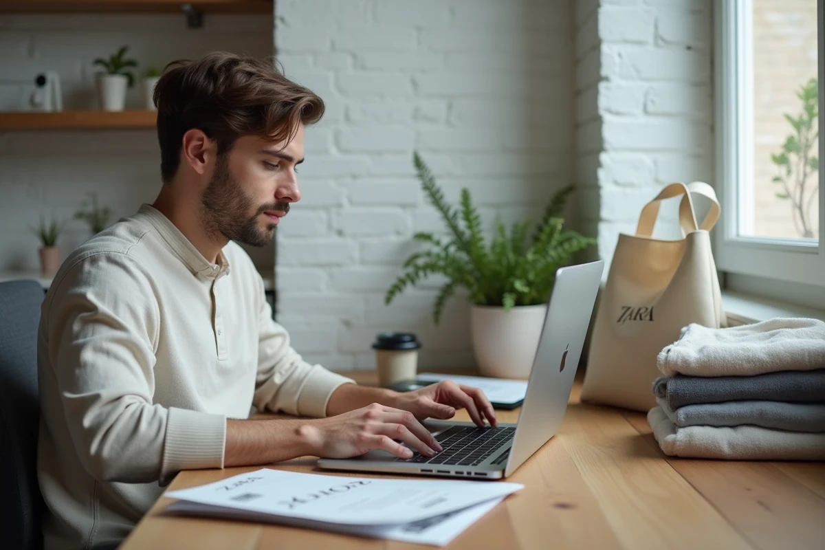 Homme naviguant sur le site Zara avec un coupon de réduction pour acheter de la mode de manière responsable