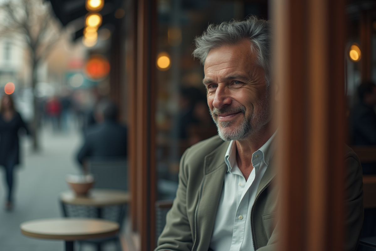 Homme regardant son reflet dans une vitrine de café