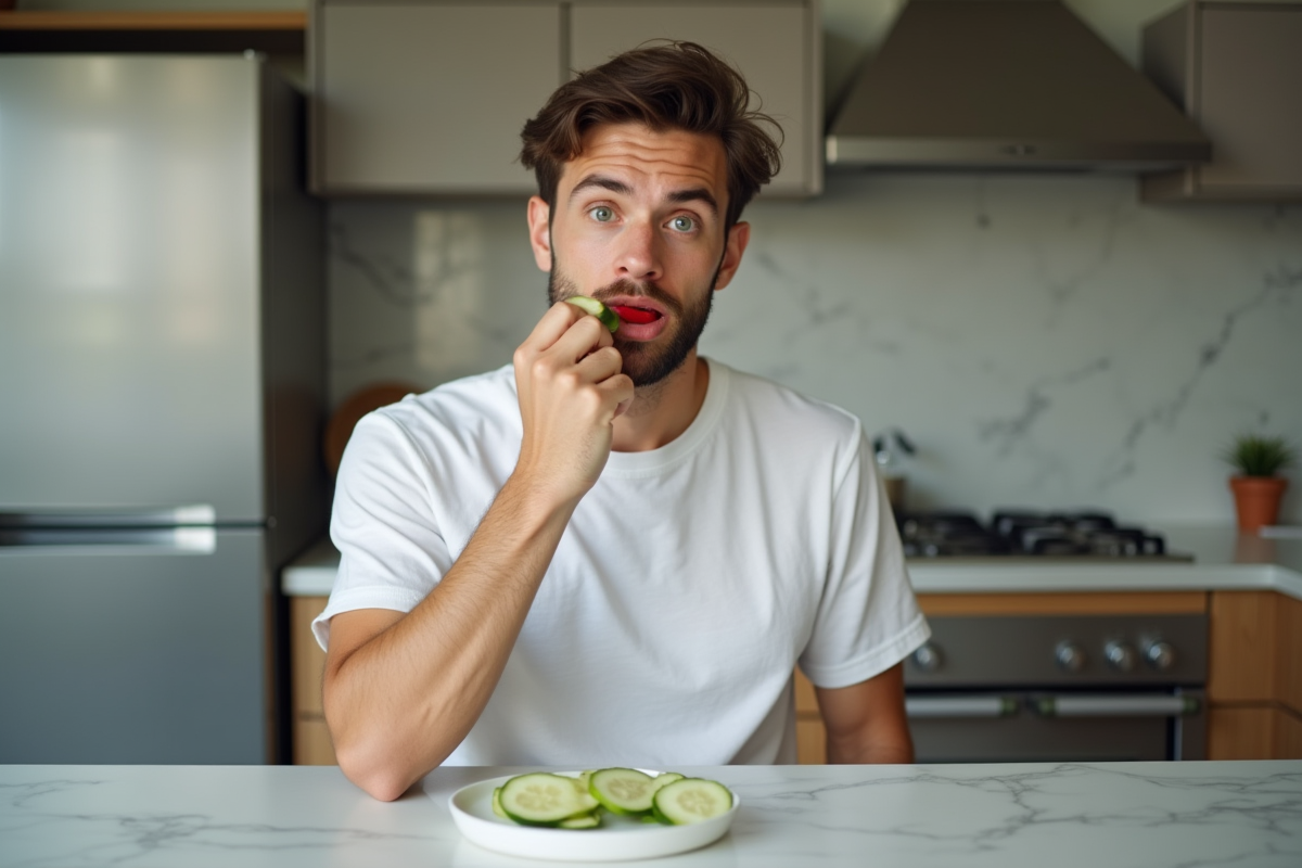 Homme en cuisine retirant rouge à lèvres avec concombre