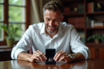 Homme en chemise blanche place un anneau dans une bo&icirc;te