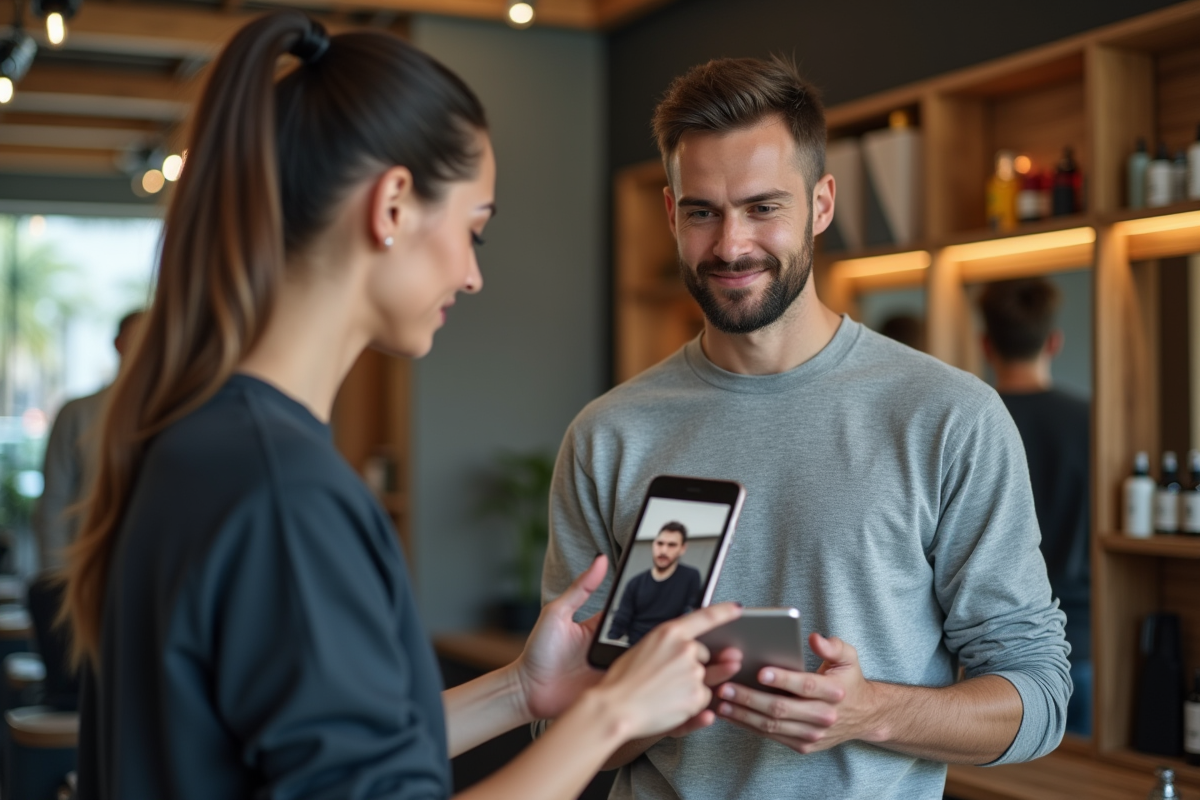 Homme en salon de coiffure avec styliste et tablette pour l