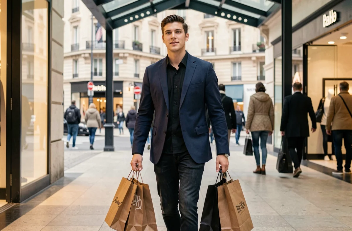 Homme sortant d'une boutique du Centre Commercial Montparnasse avec ses achats à Paris
