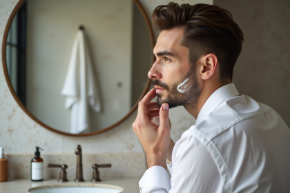 Homme appliquant creme visage dans salle de bain moderne