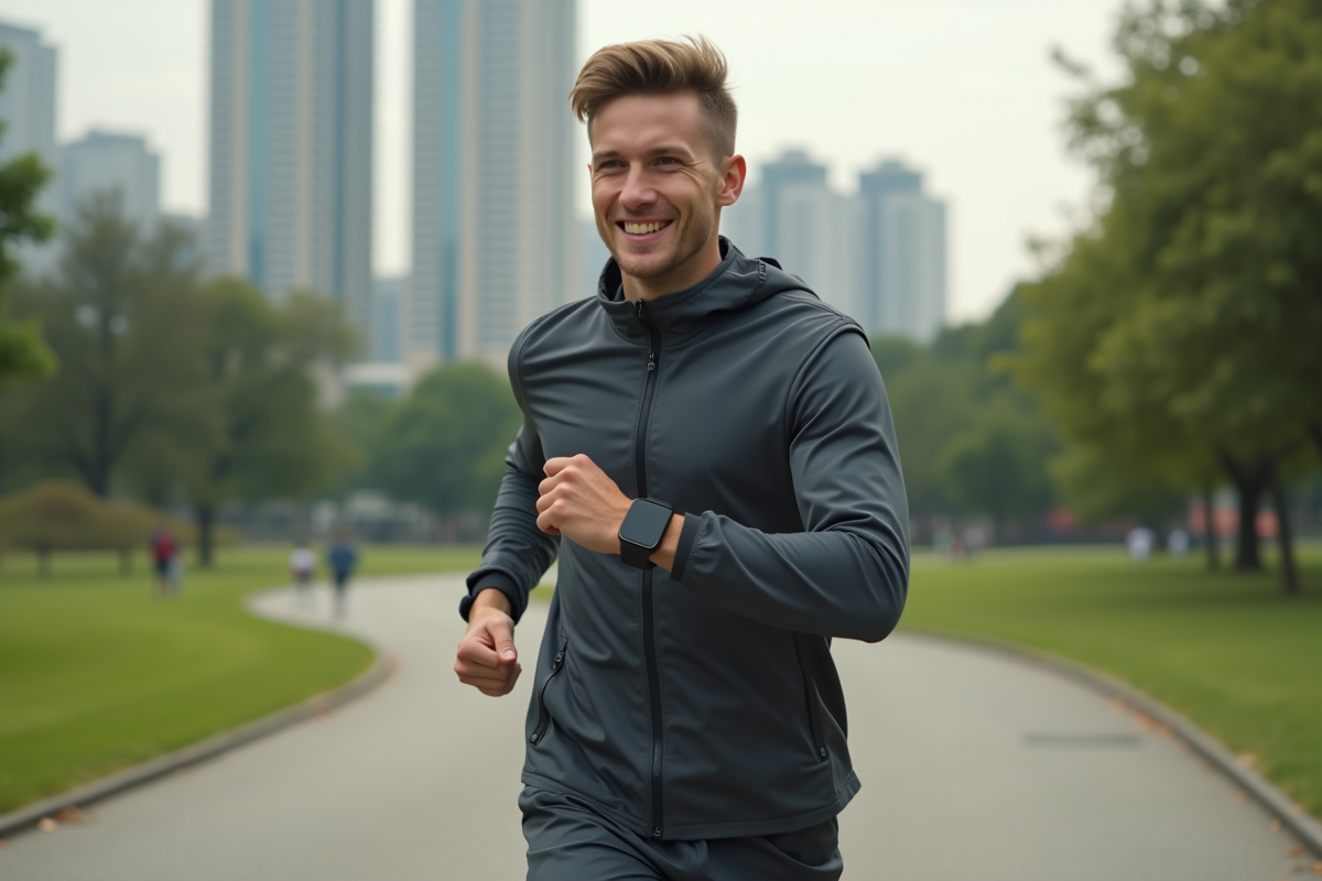 Jeune homme courant vérifie ses stats sur smartwatch en ville