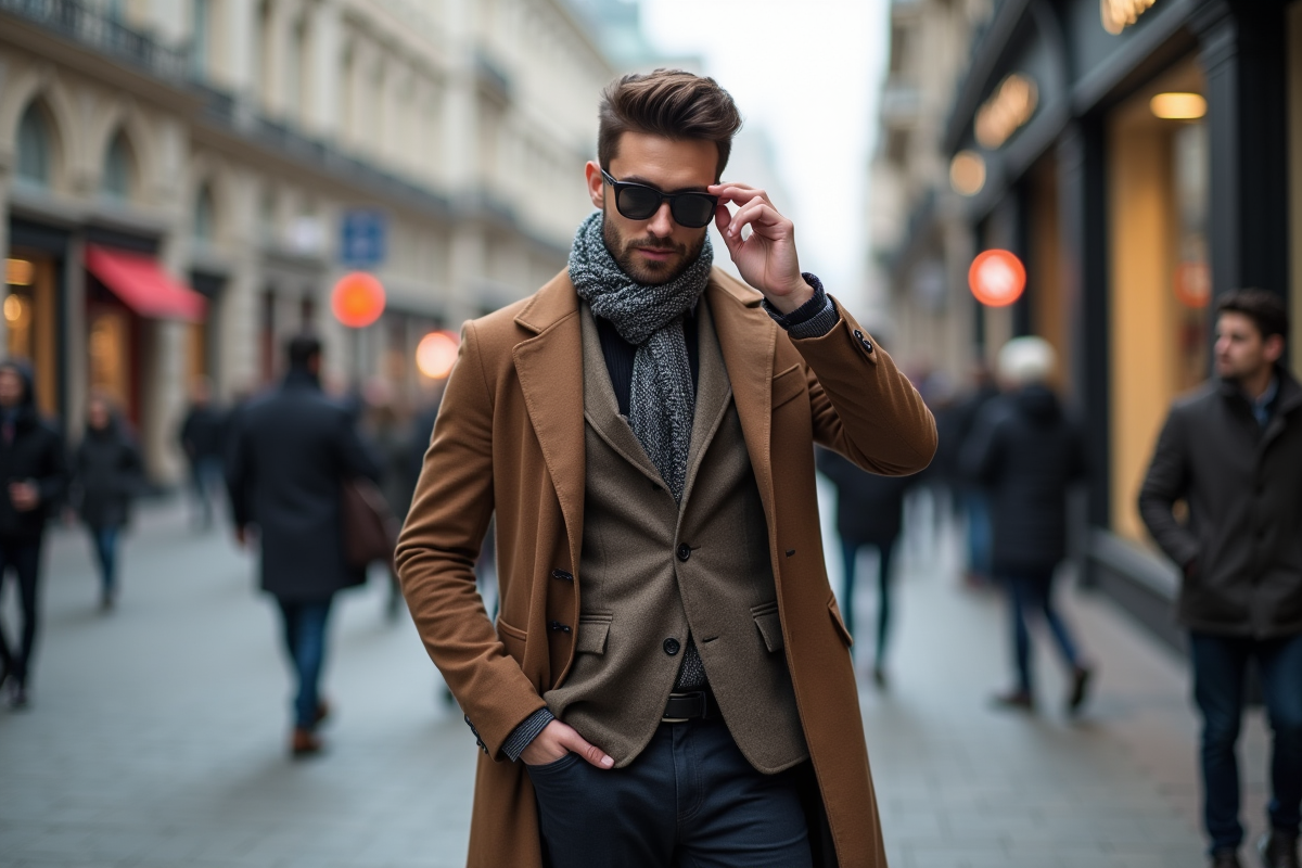 Jeune homme à la mode en manteau et écharpe dans la ville