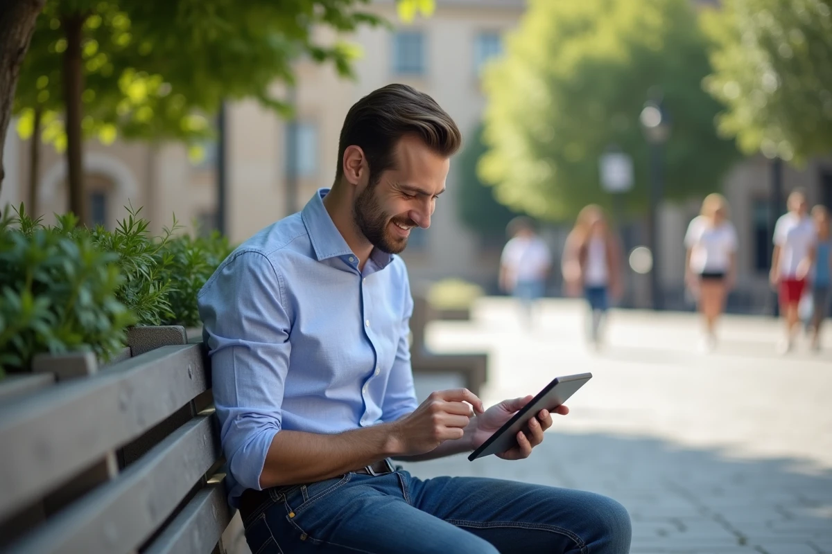 Homme utilisant une tablette en ville en ext&eacute;rieur