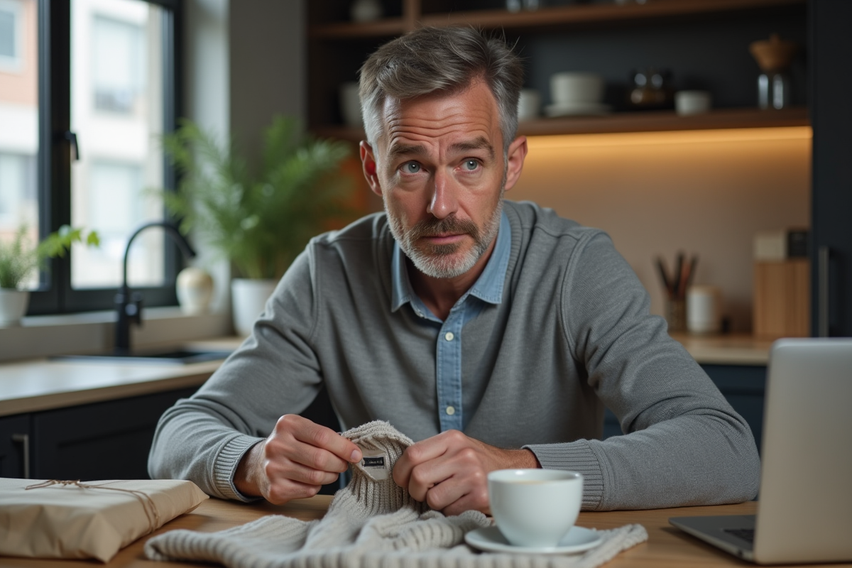 Homme vérifie l’étiquette d’un pull dans sa cuisine urbaine