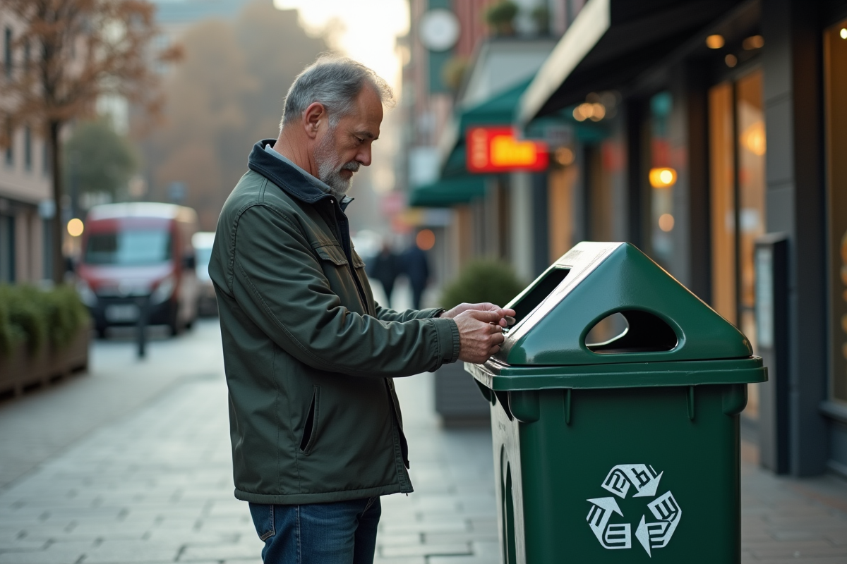 Homme inspectant une étiquette de vêtement en extérieur