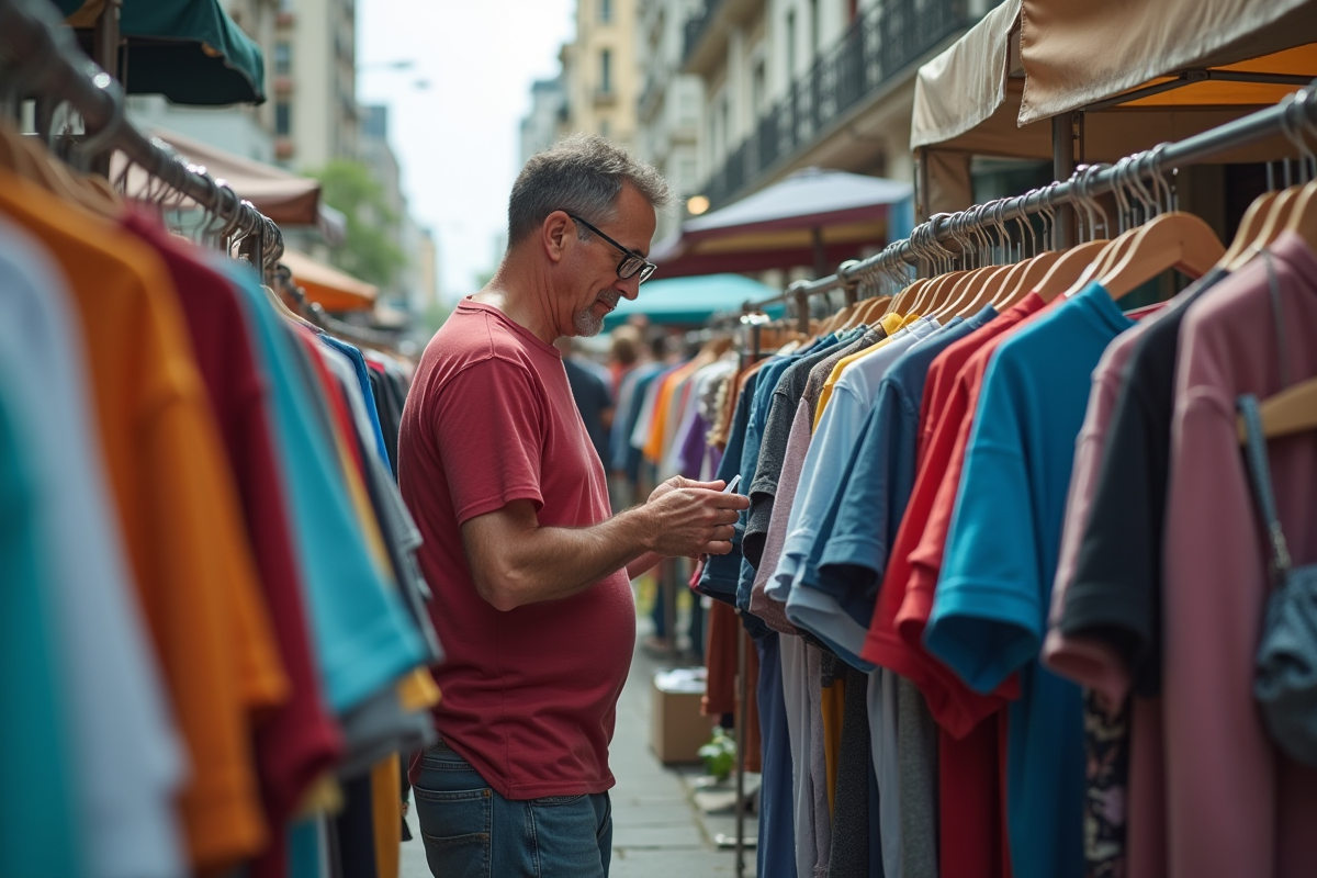 Homme examinant une étiquette de t-shirt dans un marché aux puces urbain