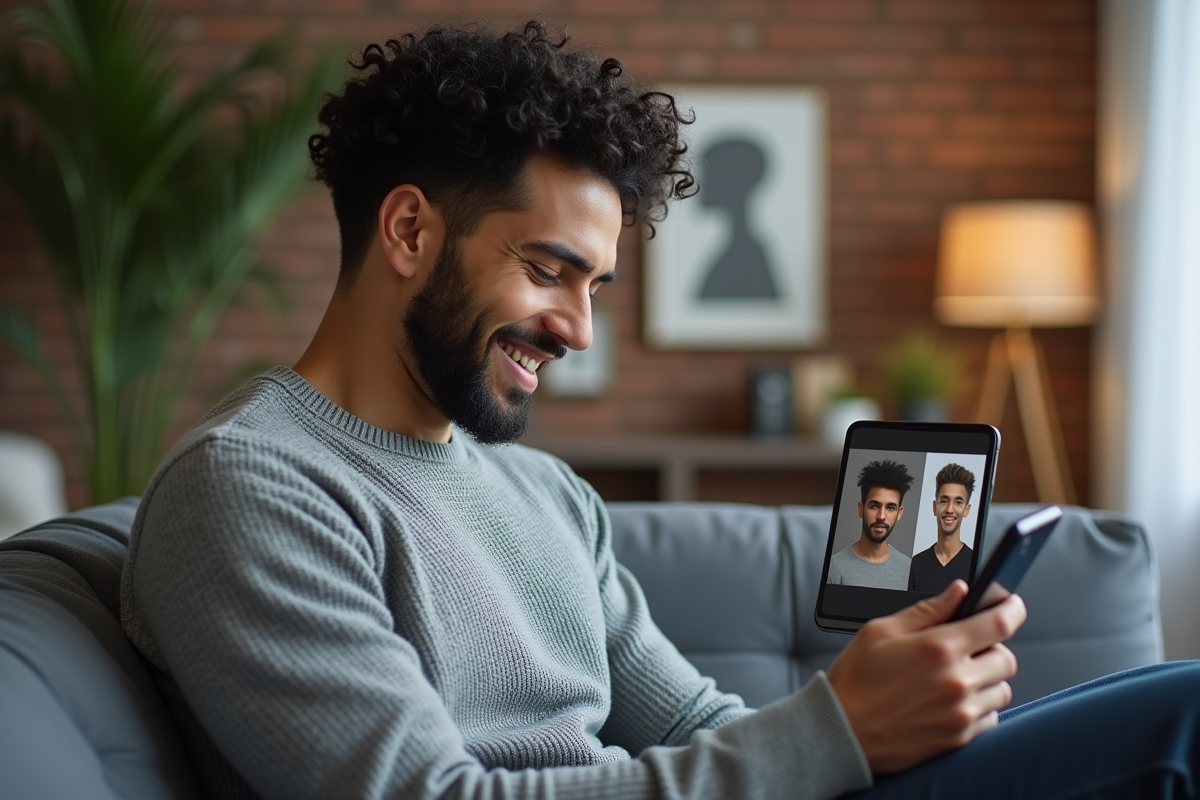 Homme regardant sa coiffure virtuelle sur smartphone