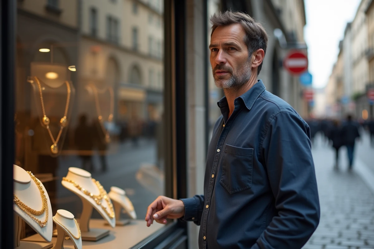 Homme évaluant des chaînes en or 18 carats exposées en vitrine d'une bijouterie dans une rue urbaine européenne