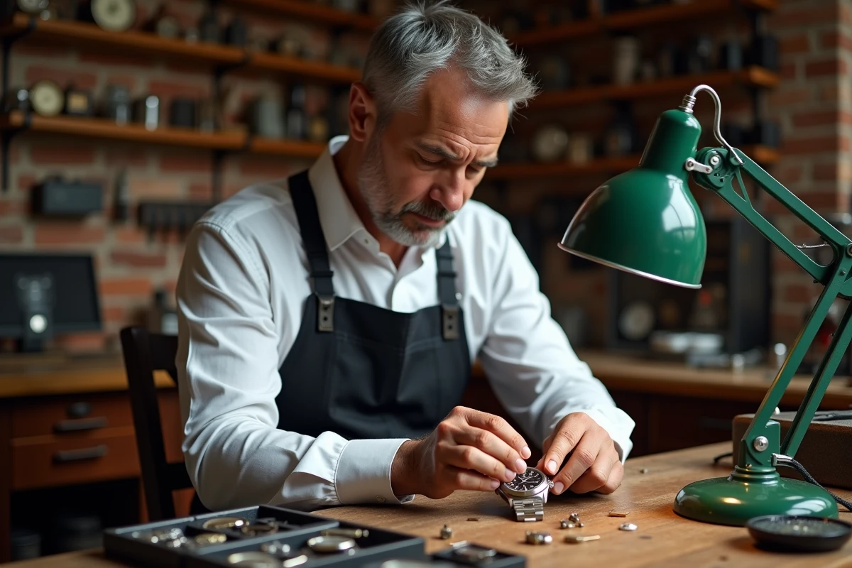 Horloger examinant une Rolex Day-Just d'occasion avec une loupe dans un atelier de réparation traditionnel