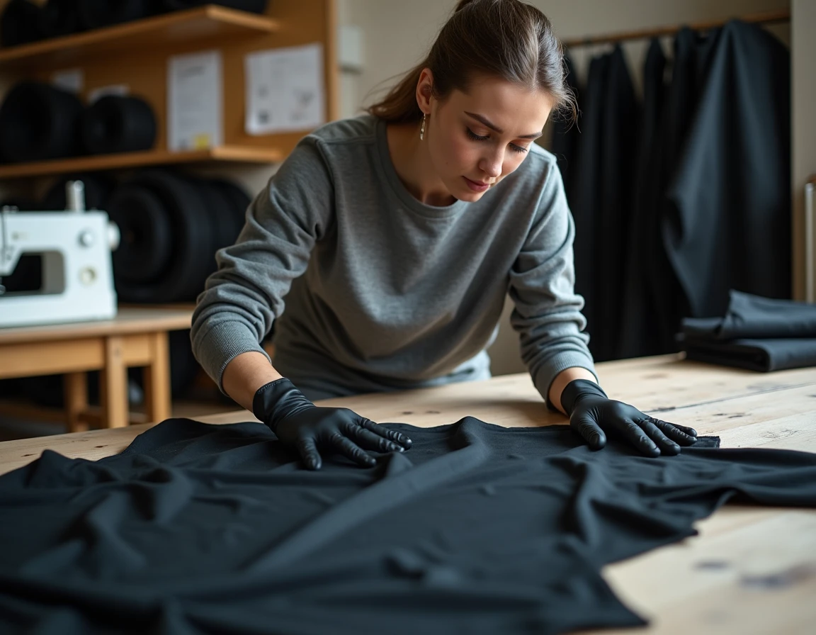 Femme inspectant un costume de scène teint en noir posé sur une table d'atelier de couture