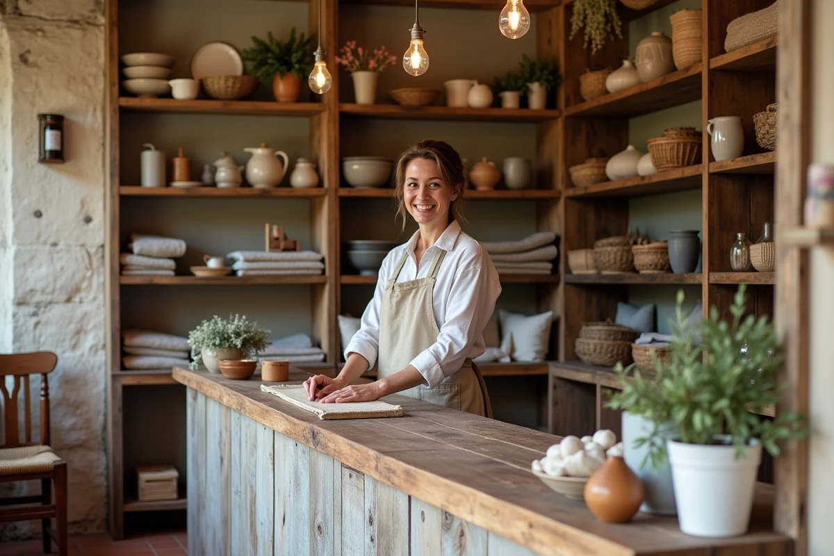 Intérieur de la boutique locale Pilou Givors avec une vendeuse souriante derrière le comptoir et des produits artisanaux en rayon