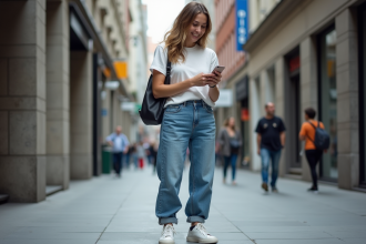 Femme en jeans décontractés dans une ville animée