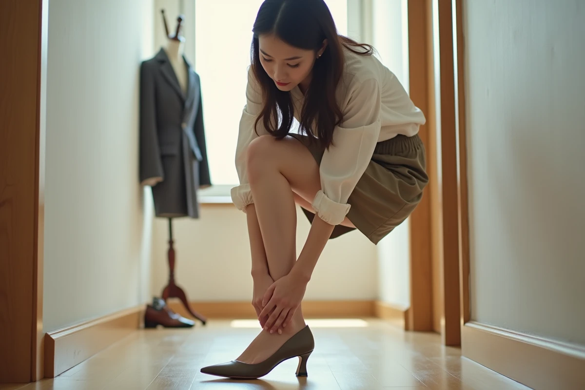 Jeune femme ajustant une semelle dans ses chaussures dans un couloir