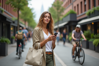 Jeune femme en mode éthique dans la ville moderne
