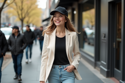 Jeune femme mode urbaine avec blazer et casquette noire