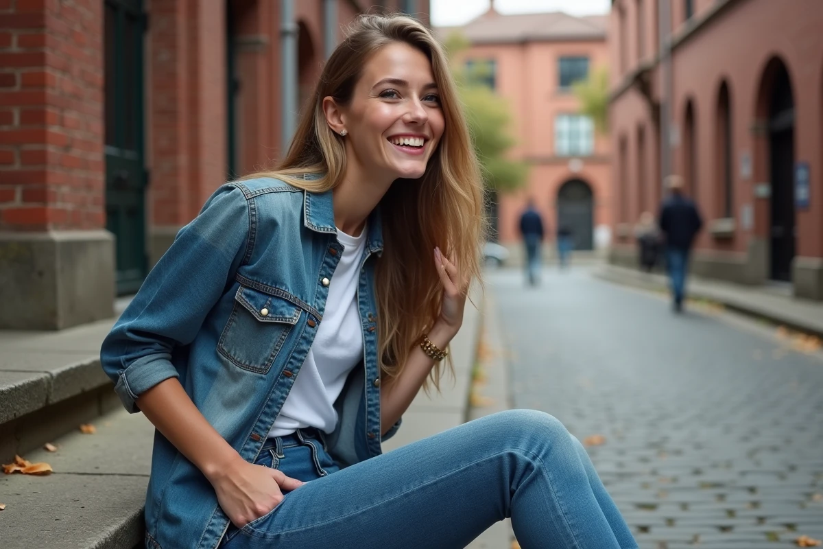 Jeune femme souriante portant un jean en ext&eacute;rieur