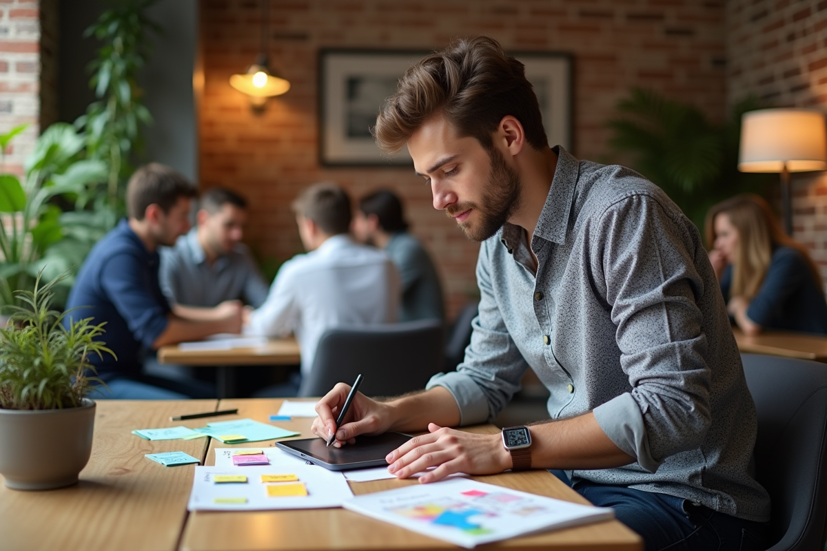 Jeune homme en tenue décontractée avec notes et tablette
