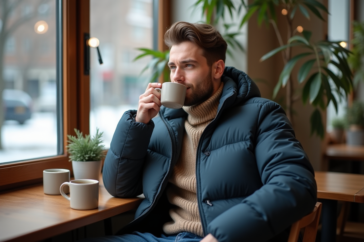 Jeune homme dans un café avec veste en duvet bleu et turtleneck