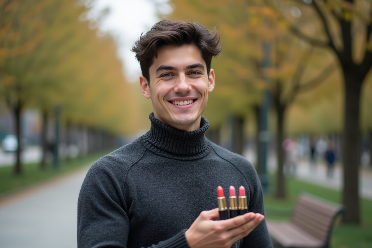 Jeune homme choisissant rouge à lèvres en plein air
