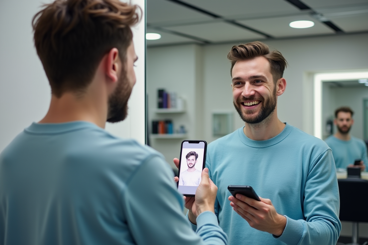 Jeune homme utilisant une application de coiffure dans un salon