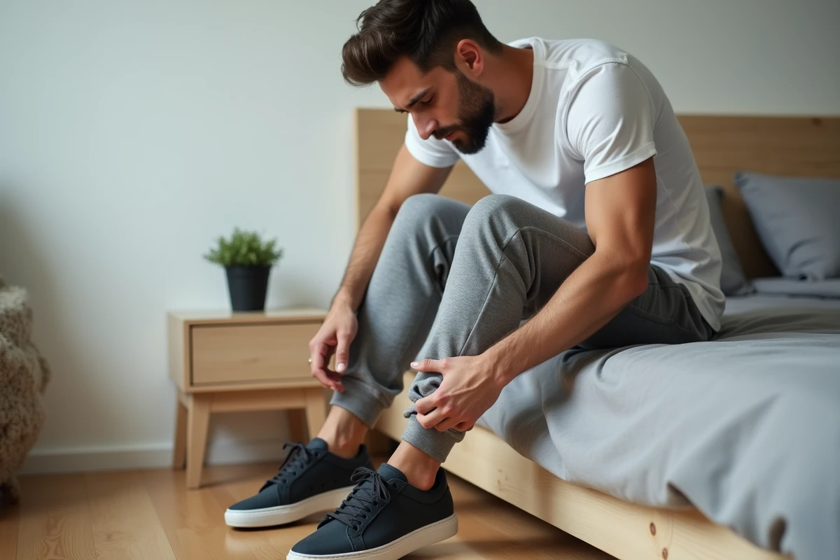 Jeune homme essayant une chaussure trop serrée assis sur son lit à la maison pour vérifier la pointure