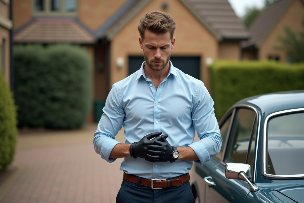 Jeune homme ajustant ses gants en cuir près d