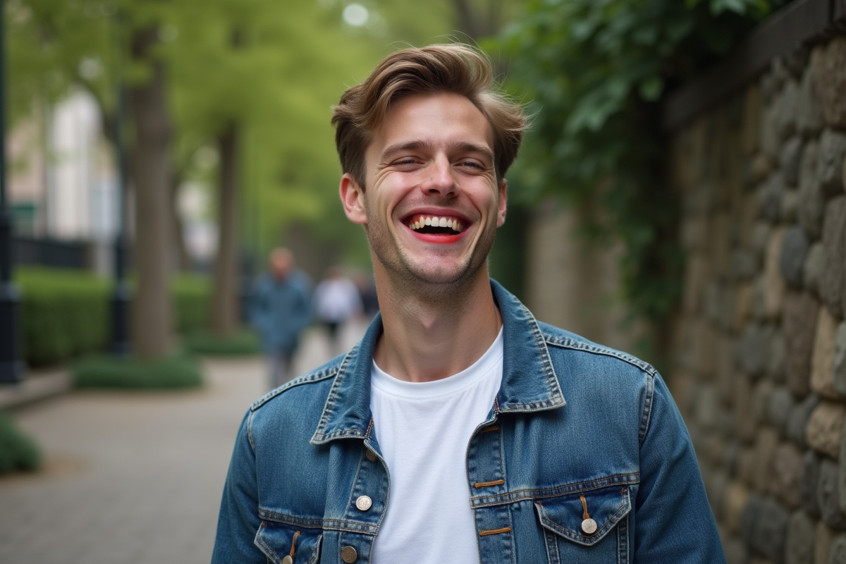 Jeune homme riant avec rouge à lèvres dans un parc urbain