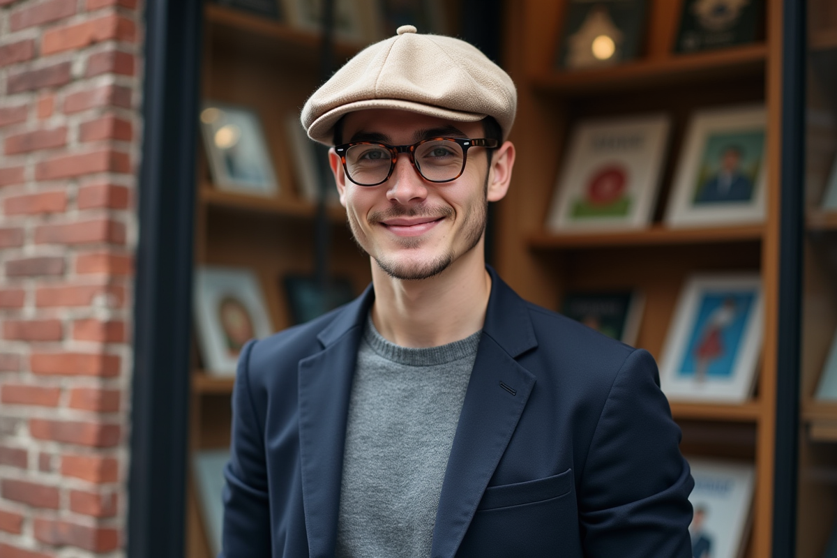 Jeune homme avec chapeau et veste devant librairie