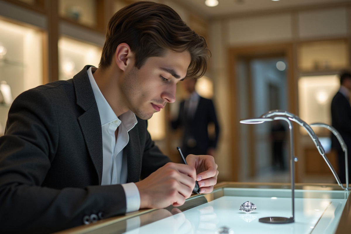Jeune homme examinant un diamant avec une loupe en bijouterie