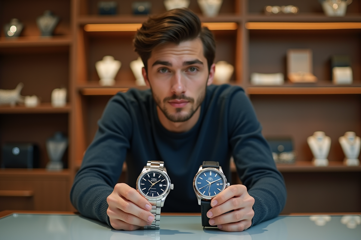 Jeune homme examinant deux montres dans une boutique élégante